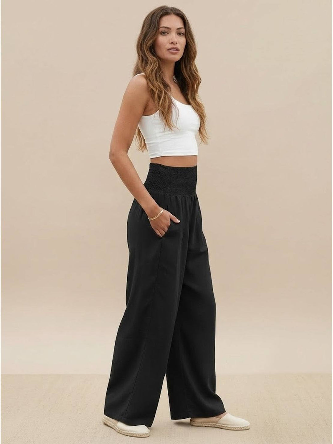 Sorrel | Morbido Shirred Waist Gamba Larga Pantaloni