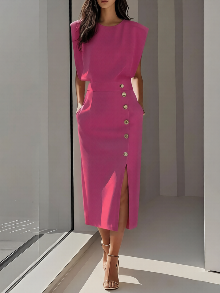 Briar | Elegante Round Neck Midi Abito with Slit