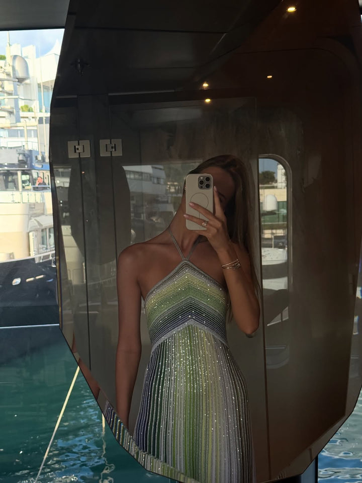 Kendall | Abito Maxi in Maglia Metallizzata con Collo Halter