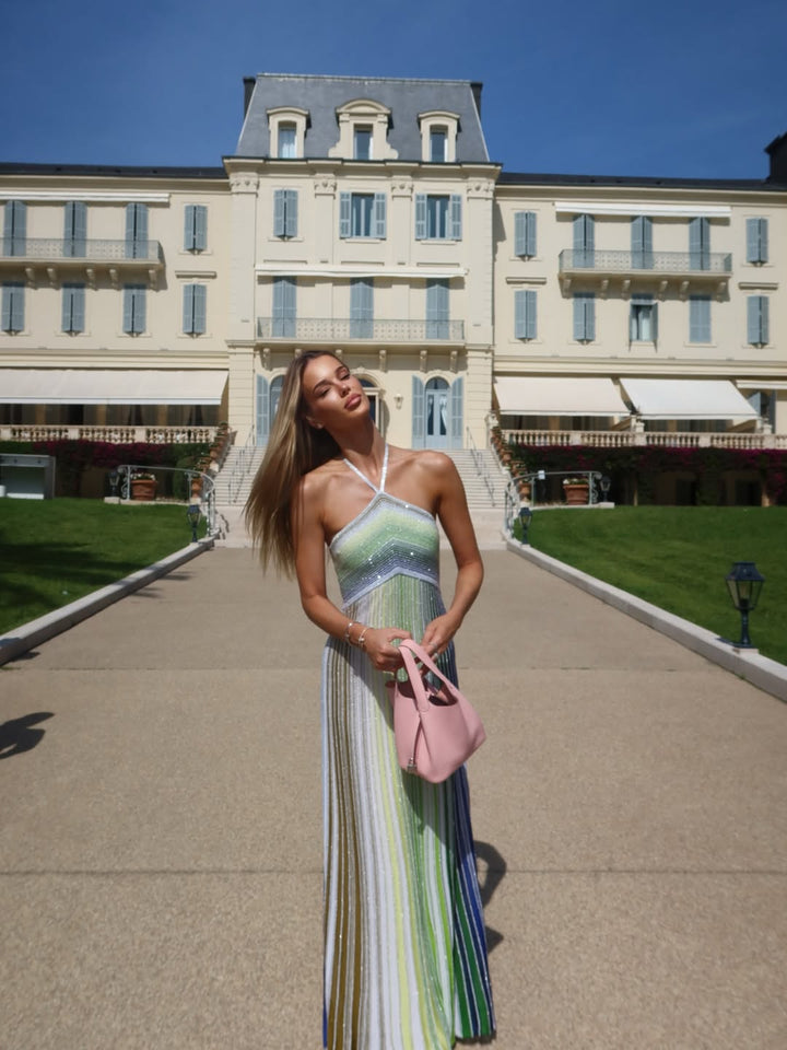 Kendall | Abito Maxi in Maglia Metallizzata con Collo Halter