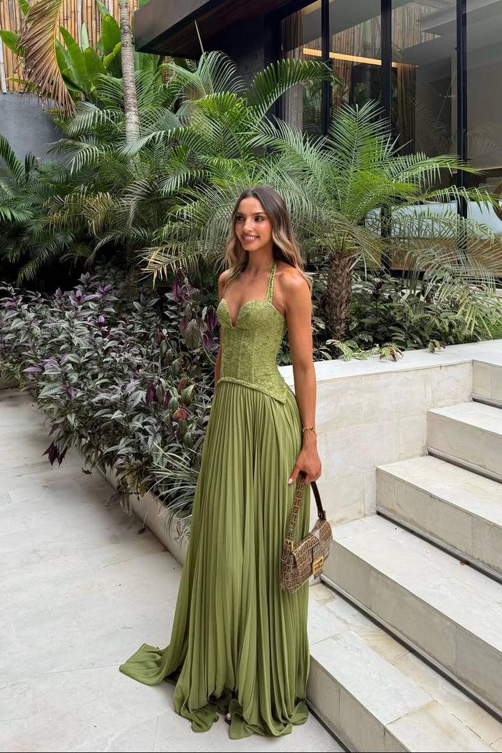 Kenley | Abito Maxi in Pizzo con Corsetto e Collo Halter