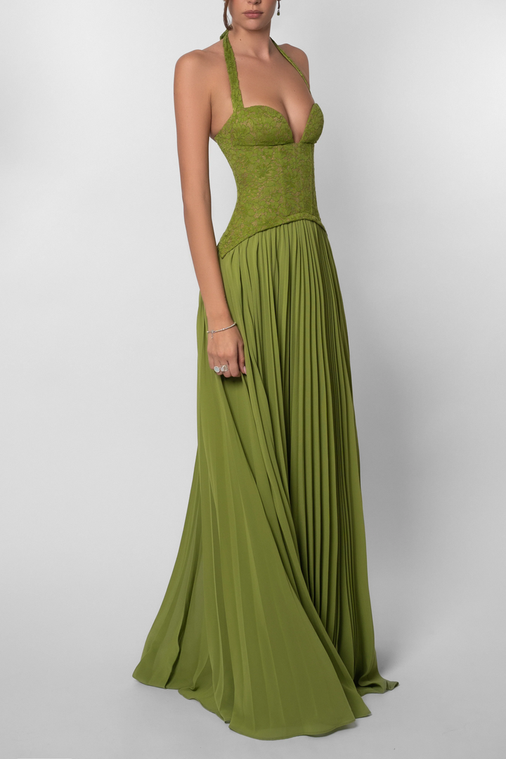 Kenley | Abito Maxi in Pizzo con Corsetto e Collo Halter