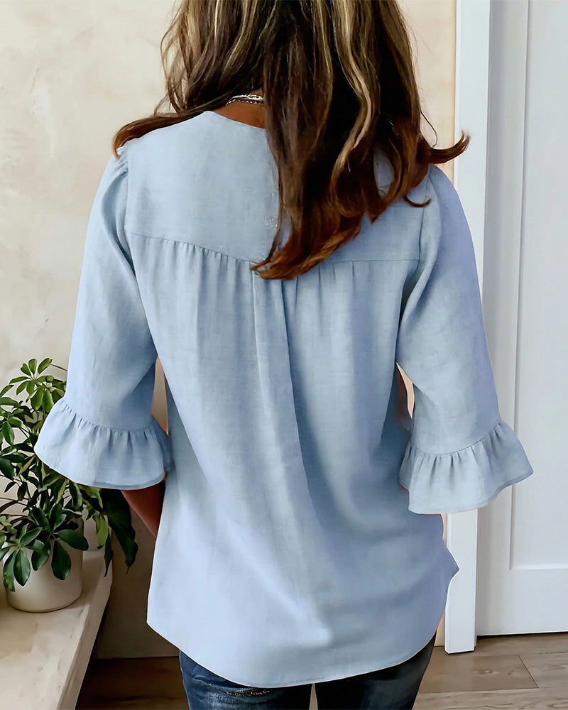 Kerria | Ruffle Sleeve Button Lino Camicetta