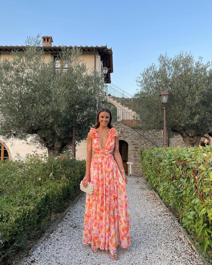 Maeve | Abito Maxi Floreale con Fiori 3D e Cut-Out