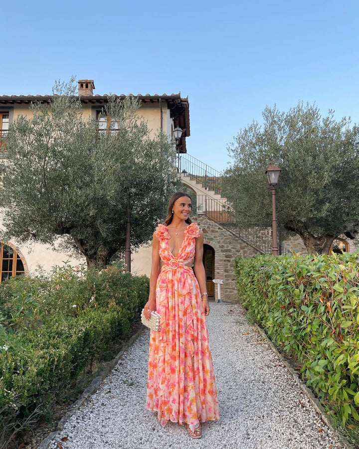Maeve | Abito Maxi Floreale con Fiori 3D e Cut-Out