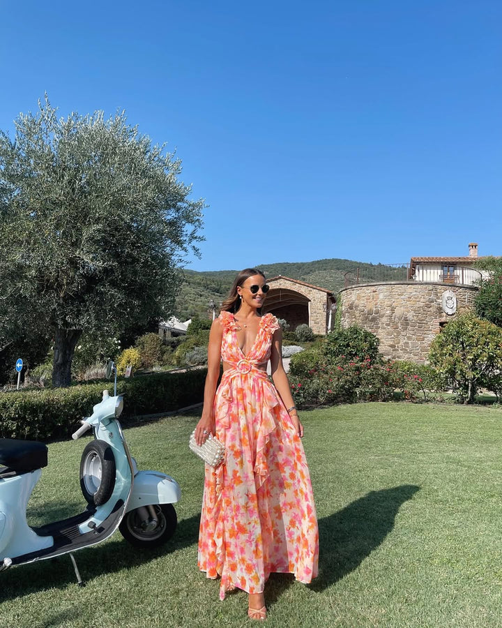 Maeve | Abito Maxi Floreale con Fiori 3D e Cut-Out