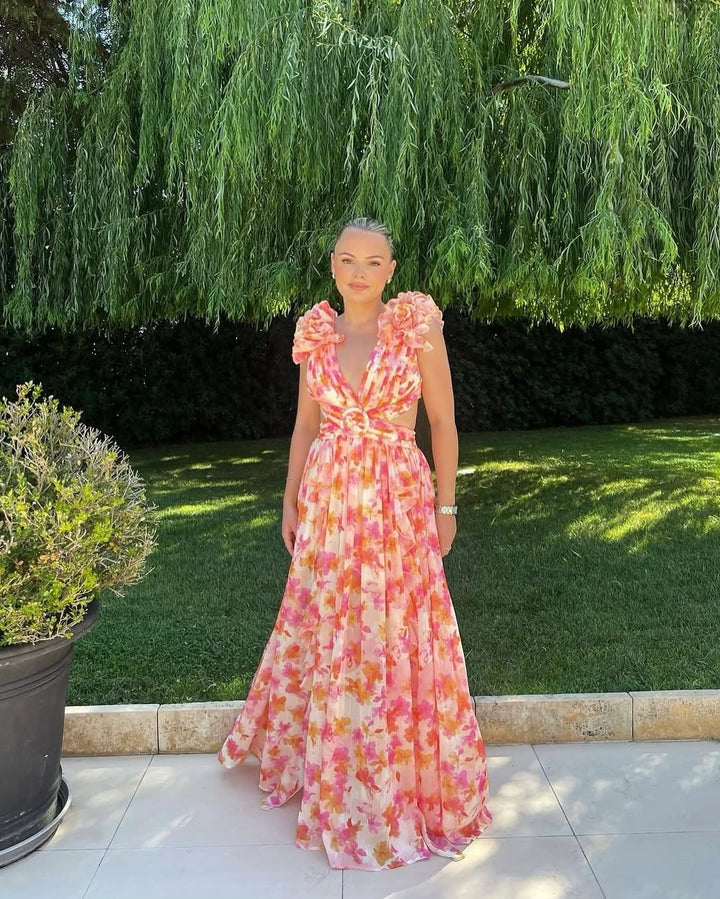 Maeve | Abito Maxi Floreale con Fiori 3D e Cut-Out