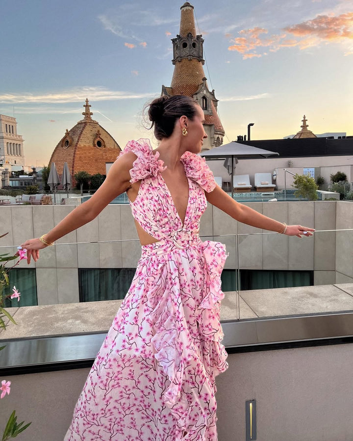 Maeve | Abito Maxi Floreale con Fiori 3D e Cut-Out