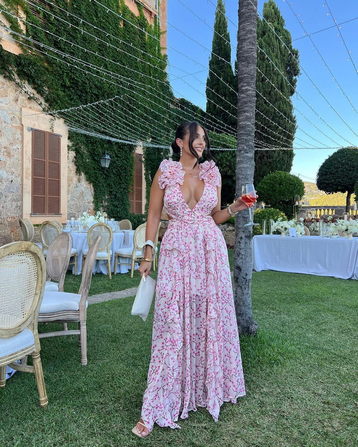 Maeve | Abito Maxi Floreale con Fiori 3D e Cut-Out