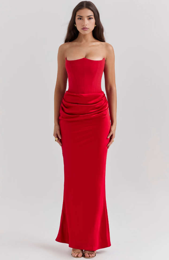 Maisy | Abito Maxi in Raso Senza Spalline con Corsetto