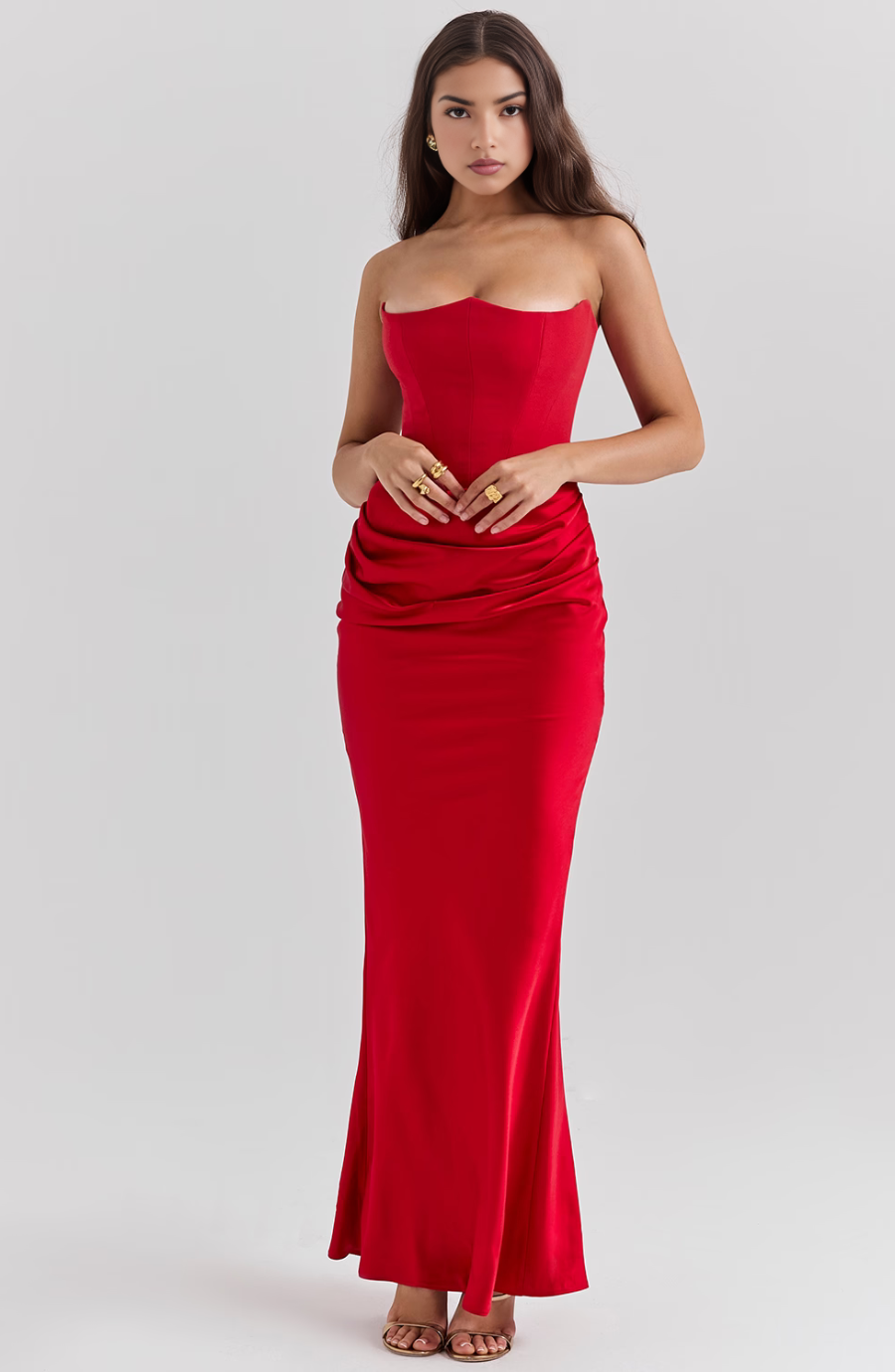 Maisy | Abito Maxi in Raso Senza Spalline con Corsetto