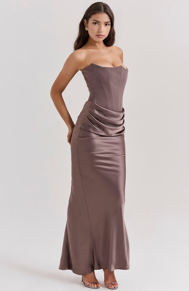 Maisy | Abito Maxi in Raso Senza Spalline con Corsetto