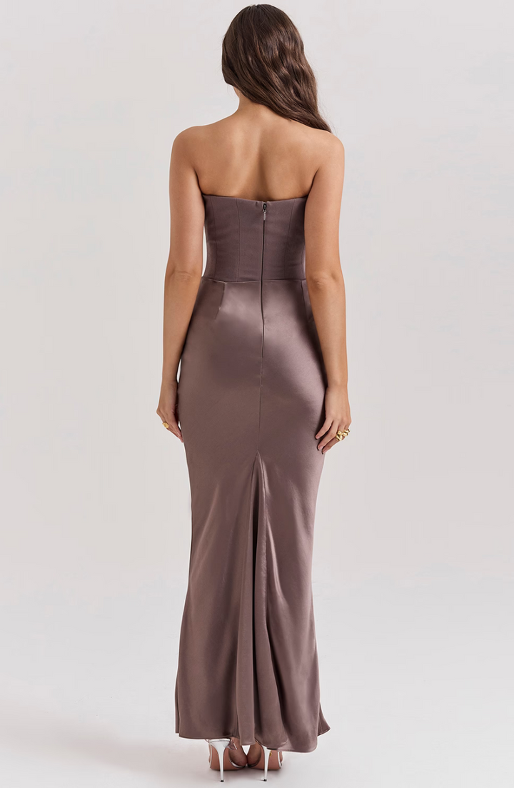 Maisy | Abito Maxi in Raso Senza Spalline con Corsetto