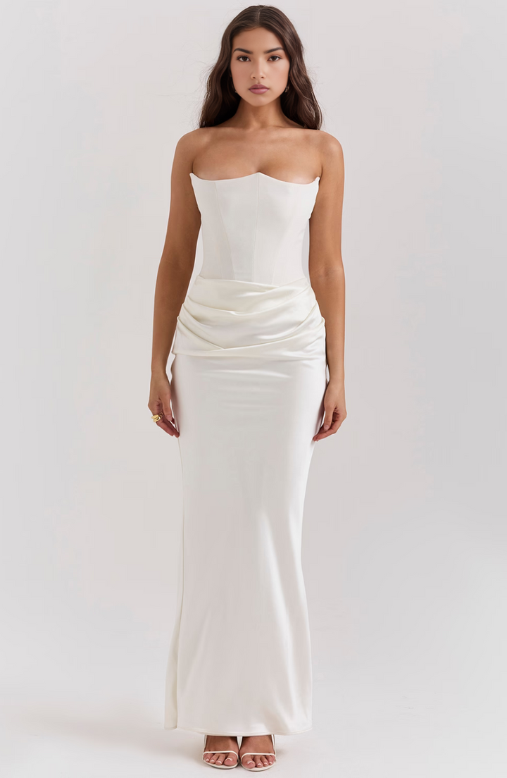 Maisy | Abito Maxi in Raso Senza Spalline con Corsetto