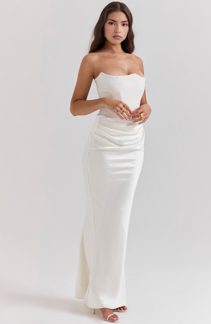 Maisy | Abito Maxi in Raso Senza Spalline con Corsetto