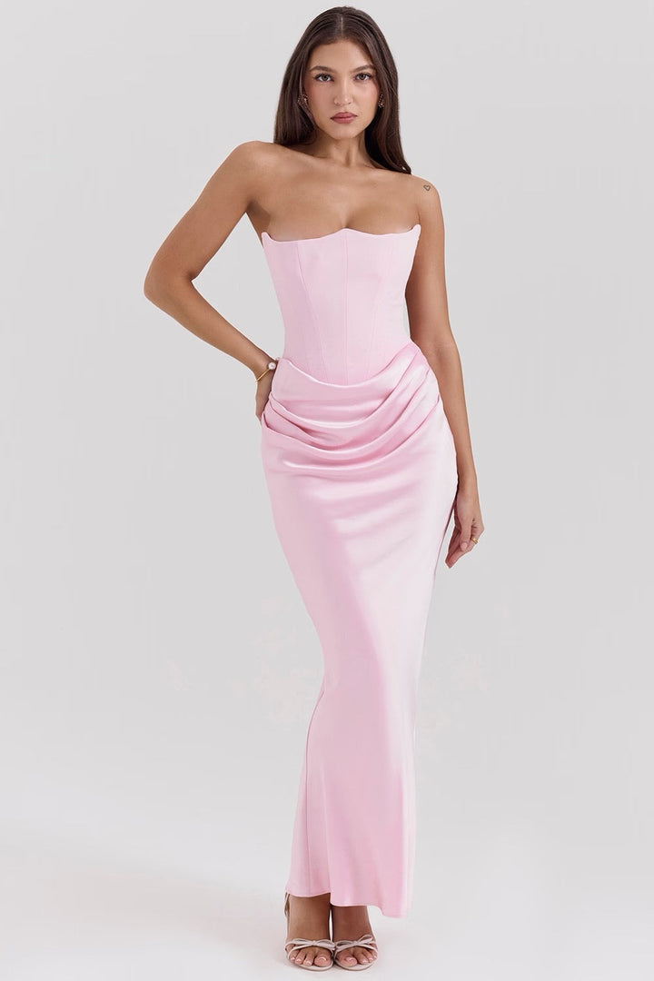 Maisy | Abito Maxi in Raso Senza Spalline con Corsetto