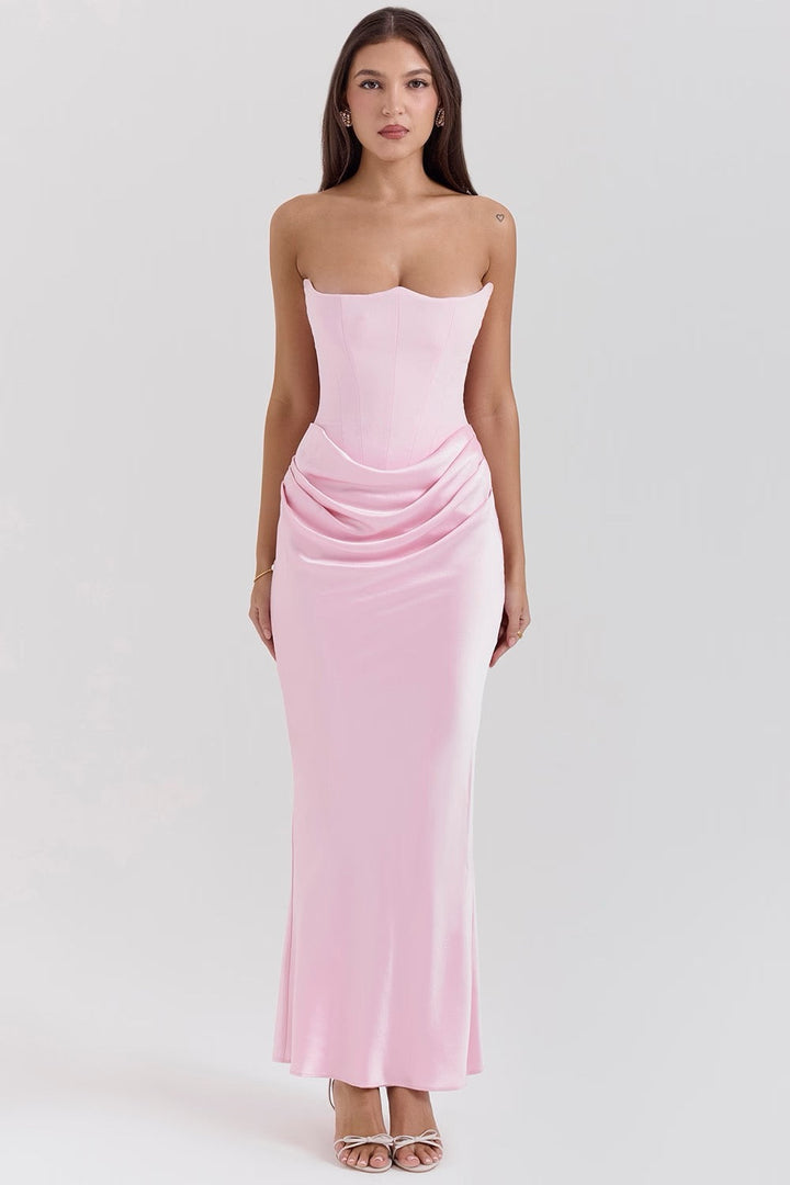 Maisy | Abito Maxi in Raso Senza Spalline con Corsetto