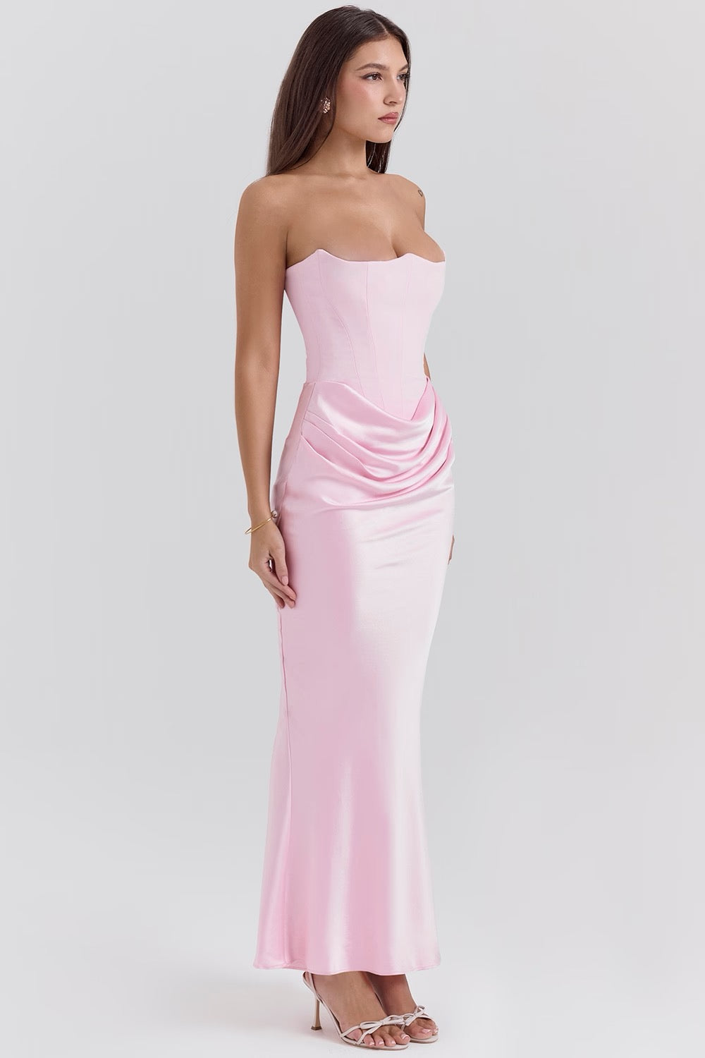 Maisy | Abito Maxi in Raso Senza Spalline con Corsetto