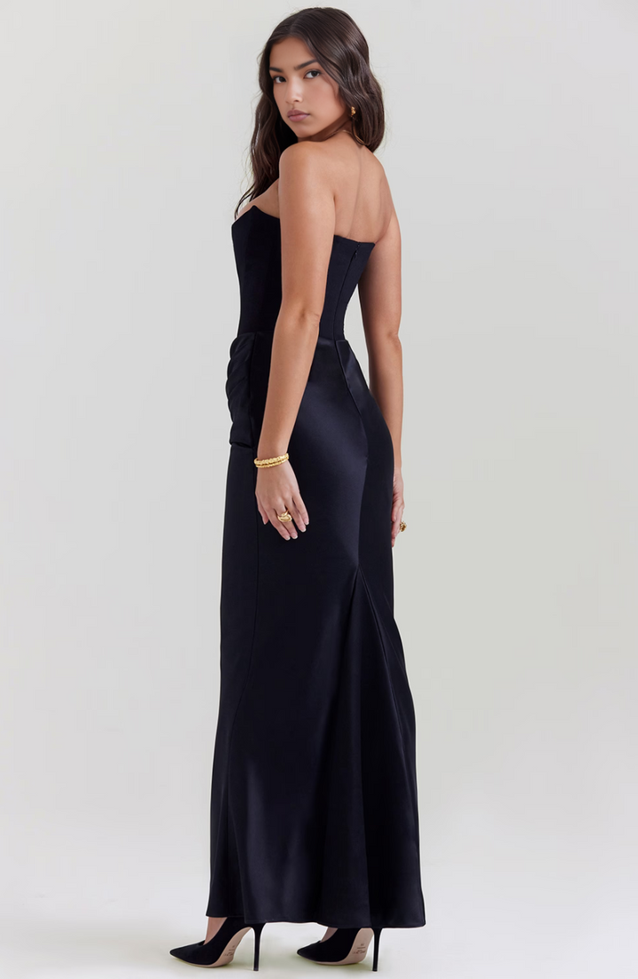 Maisy | Abito Maxi in Raso Senza Spalline con Corsetto