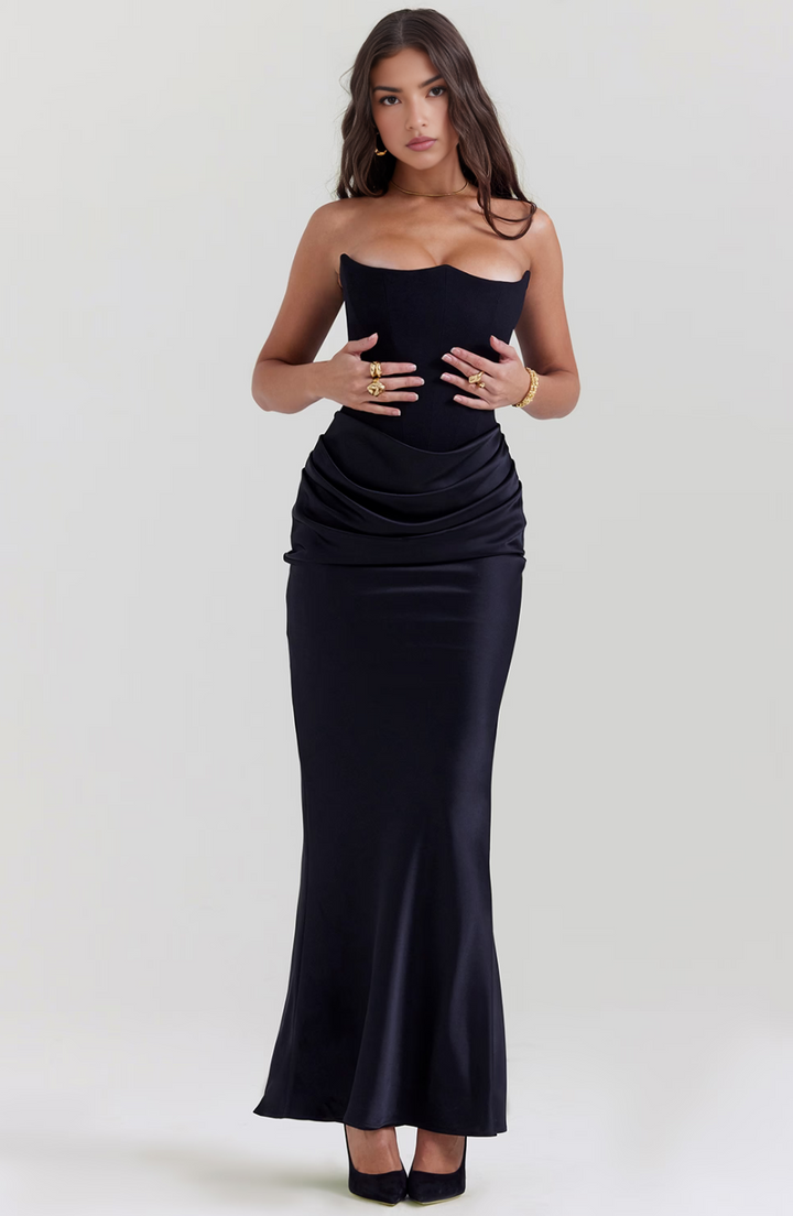 Maisy | Abito Maxi in Raso Senza Spalline con Corsetto