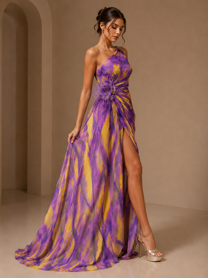 Mitchell | Abito Maxi Monospalla con Applicazioni Floreali