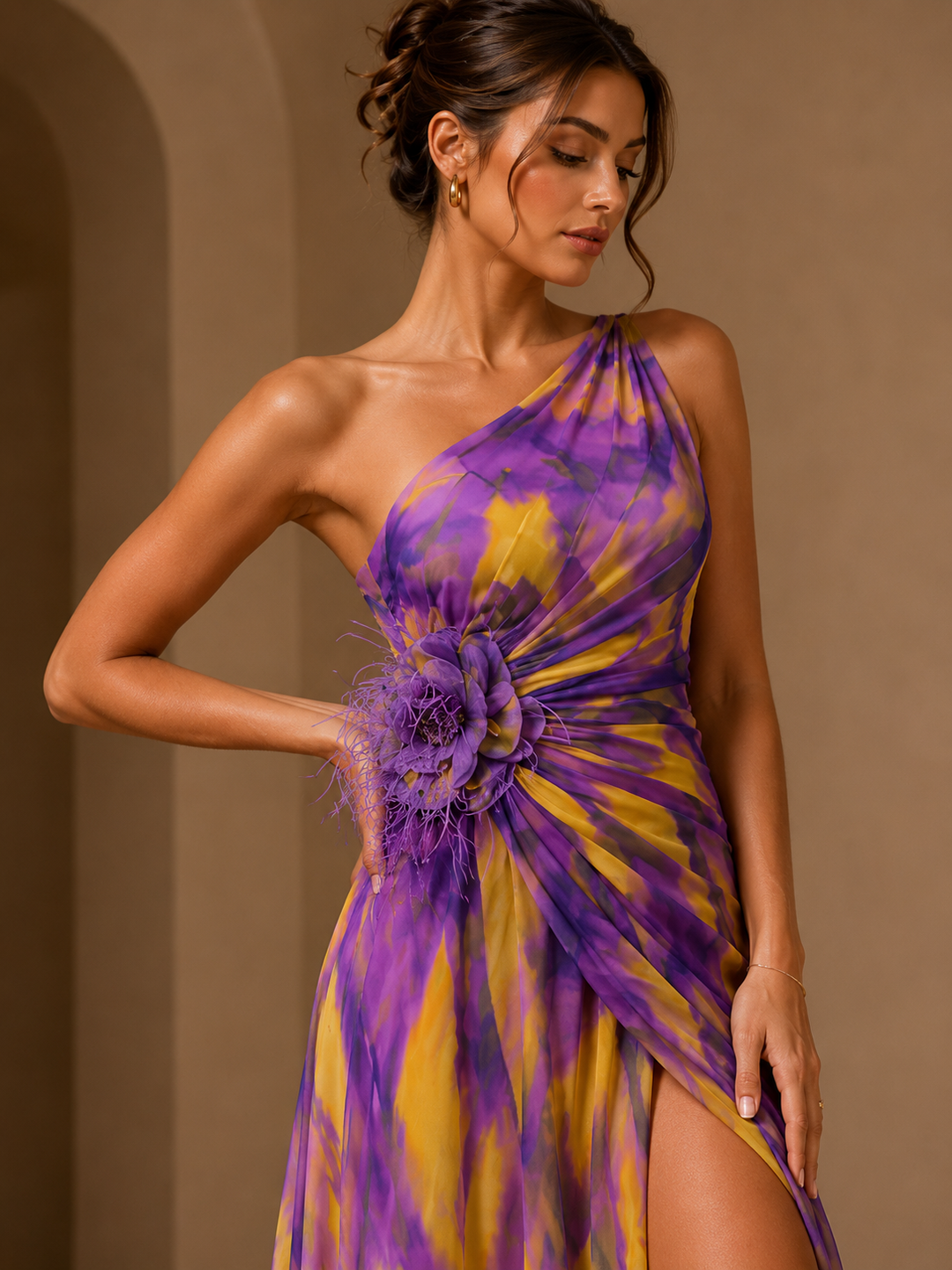 Mitchell | Abito Maxi Monospalla con Applicazioni Floreali