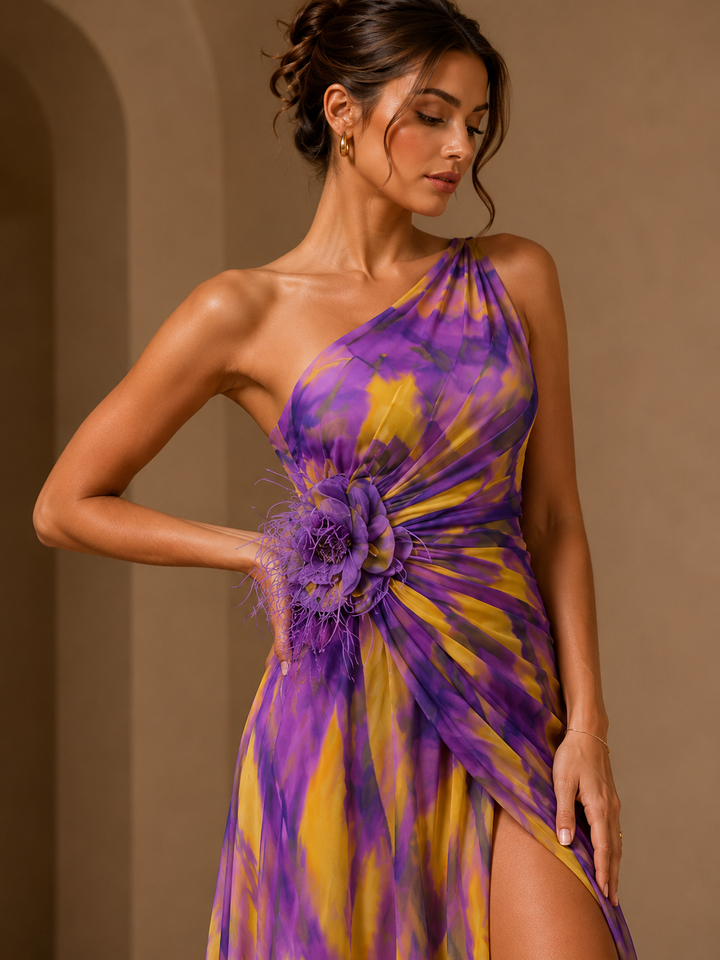 Mitchell | Abito Maxi Monospalla con Applicazioni Floreali