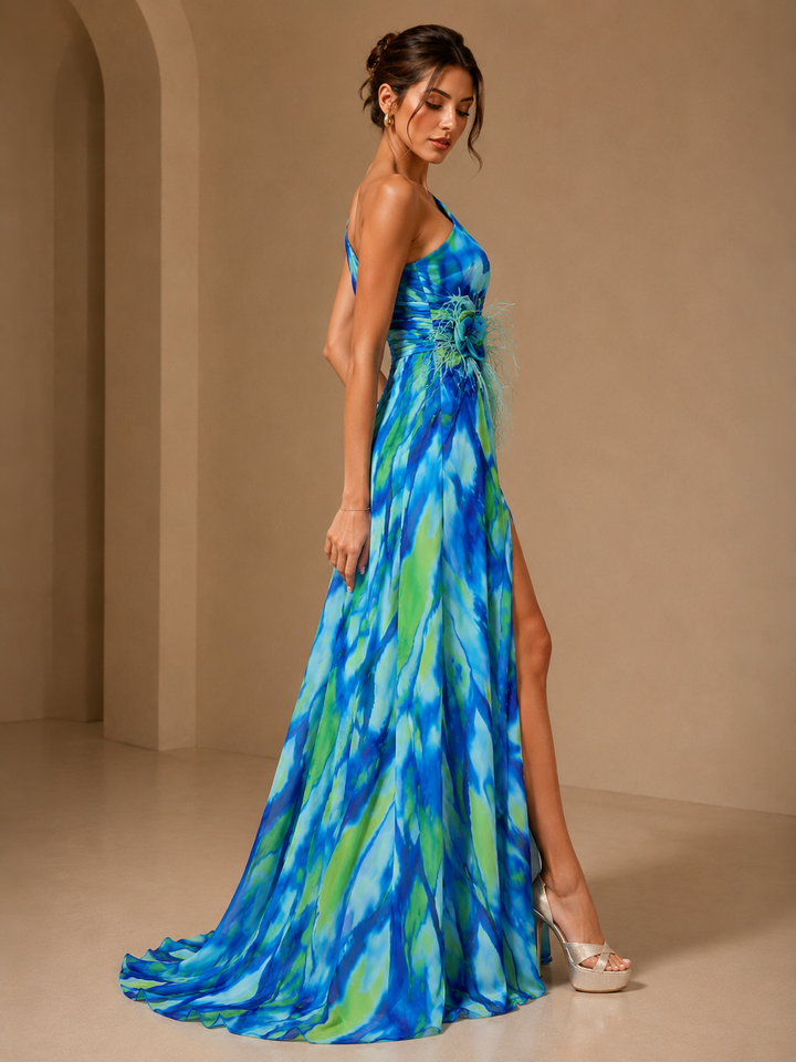 Mitchell | Abito Maxi Monospalla con Applicazioni Floreali