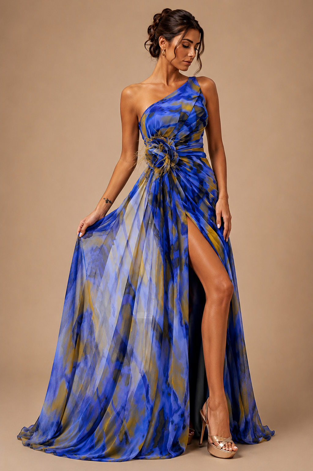 Mitchell | Abito Maxi Monospalla con Applicazioni Floreali