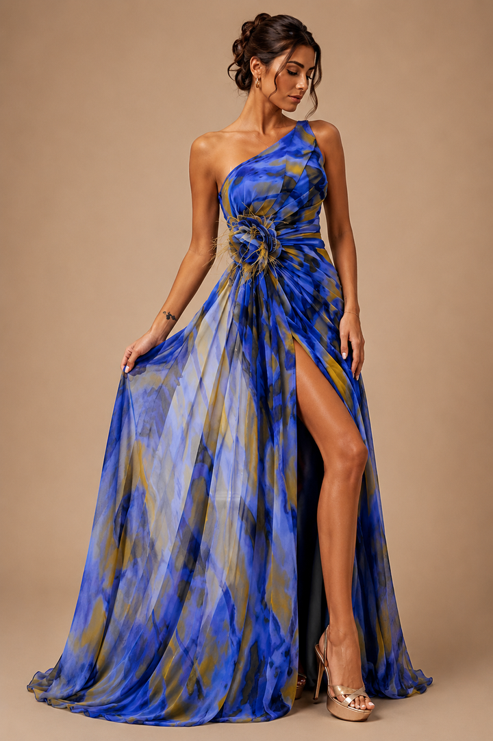Mitchell | Abito Maxi Monospalla con Applicazioni Floreali