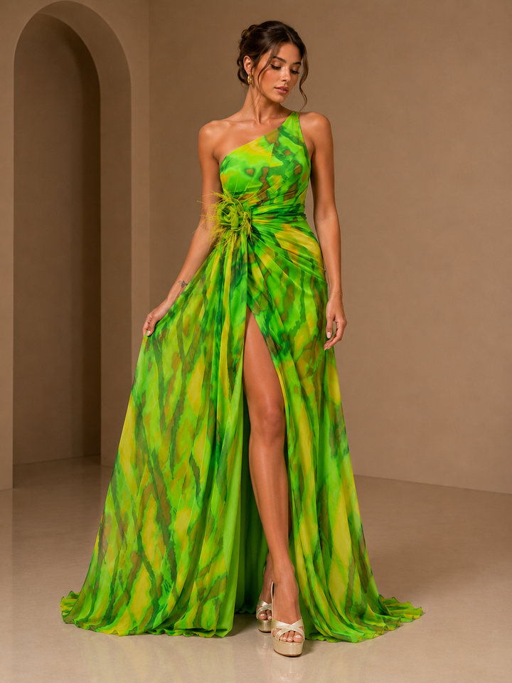 Mitchell | Abito Maxi Monospalla con Applicazioni Floreali