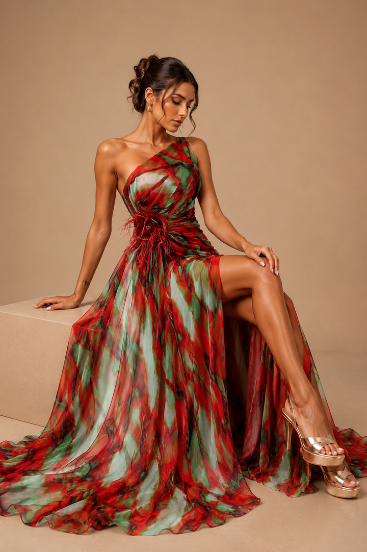 Mitchell | Abito Maxi Monospalla con Applicazioni Floreali