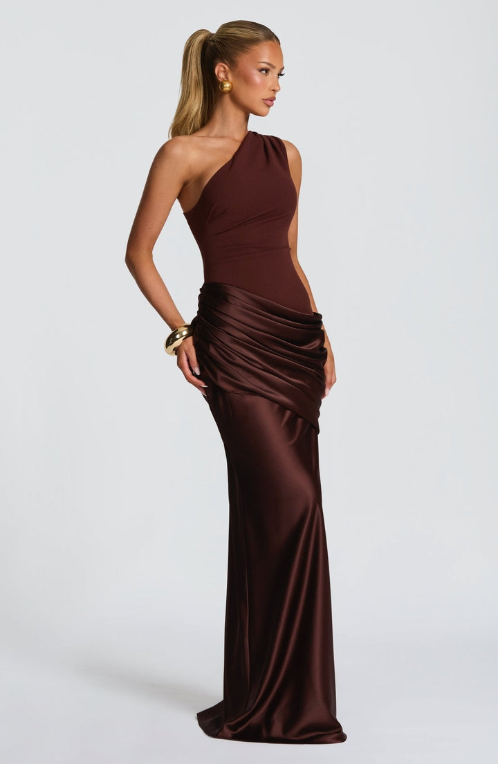 Ophelia | Abito Maxi in Raso Monospalla Arricciato