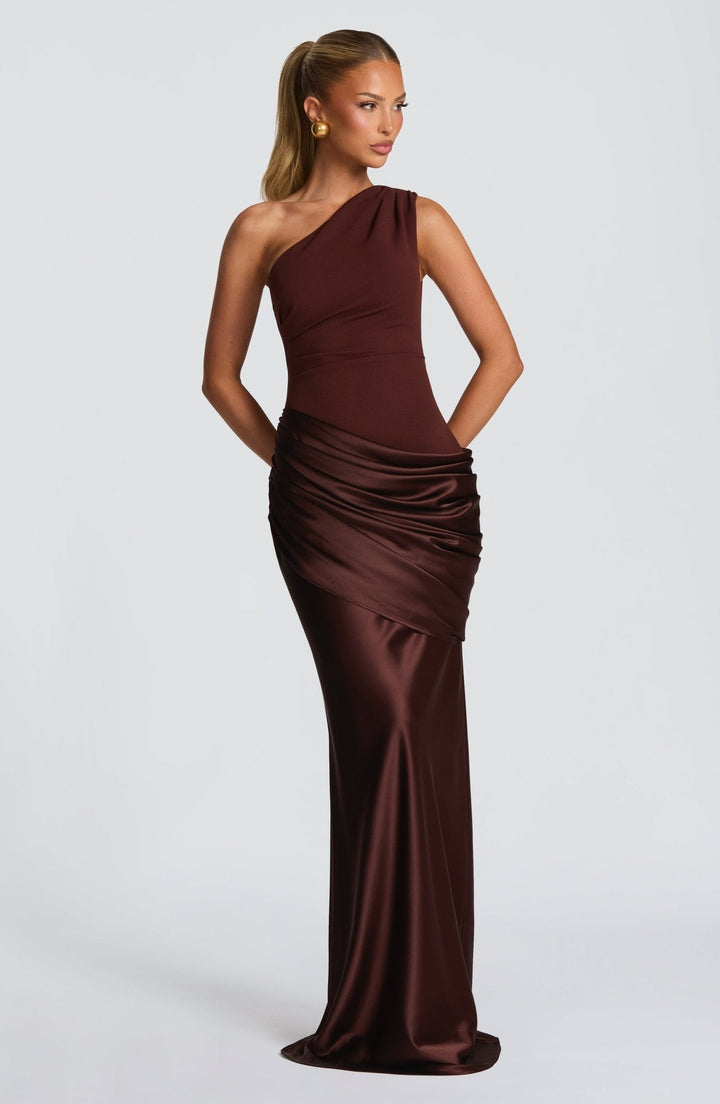 Ophelia | Abito Maxi in Raso Monospalla Arricciato