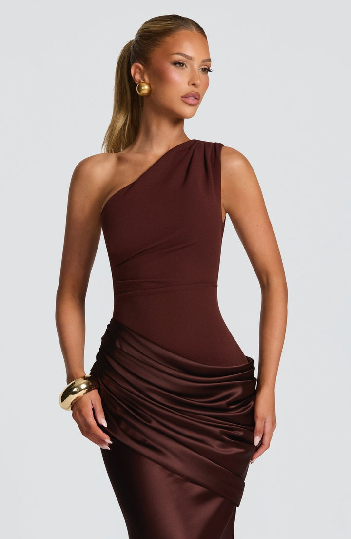 Ophelia | Abito Maxi in Raso Monospalla Arricciato