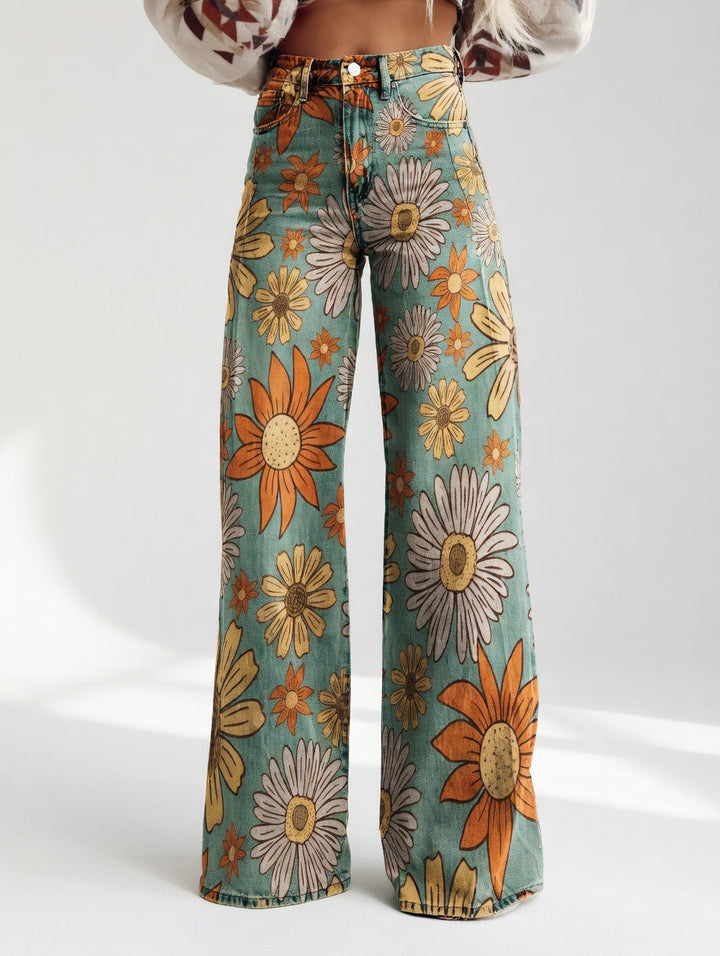 Dimity | Vintage Floreale Stampa Gamba Larga Retro Pantaloni