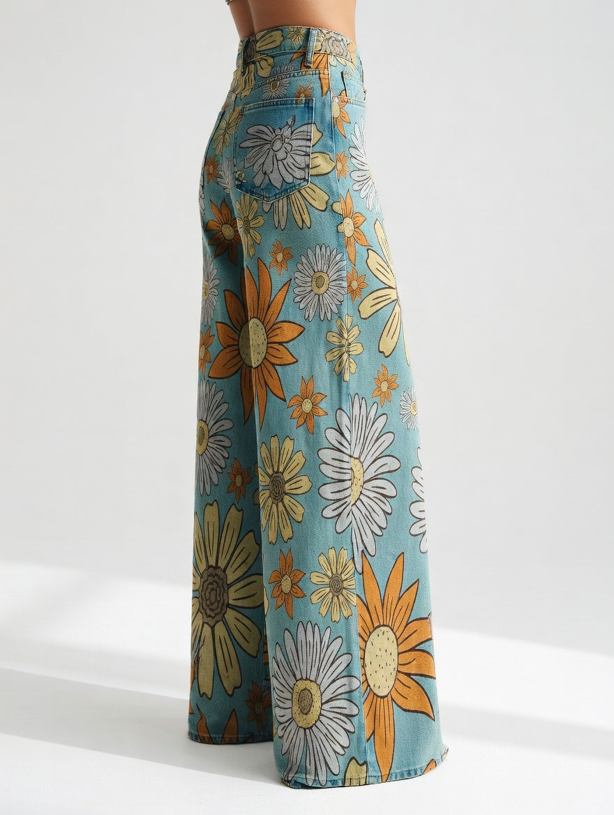 Dimity | Vintage Floreale Stampa Gamba Larga Retro Pantaloni