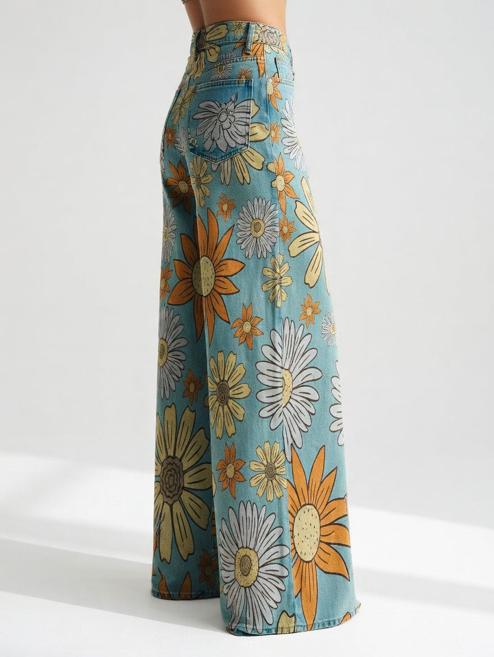 Dimity | Vintage Floreale Stampa Gamba Larga Retro Pantaloni