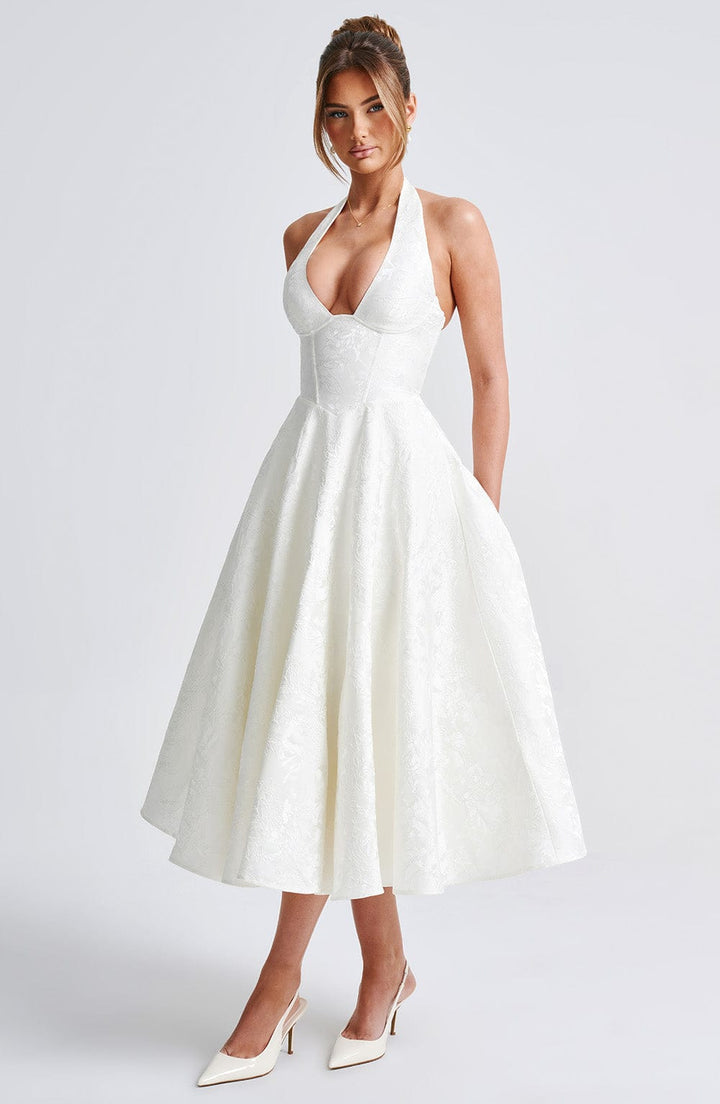 Rosalie | Abito Midi Floreale con Collo Halter e Corsetto