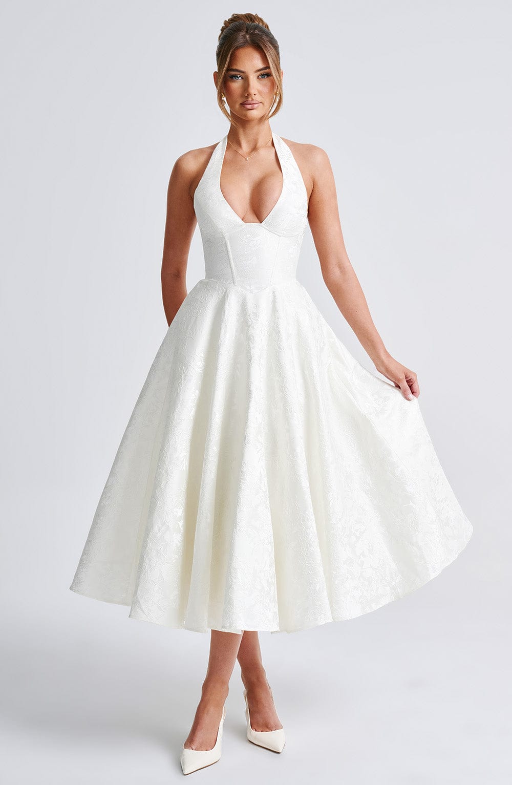 Rosalie | Abito Midi Floreale con Collo Halter e Corsetto