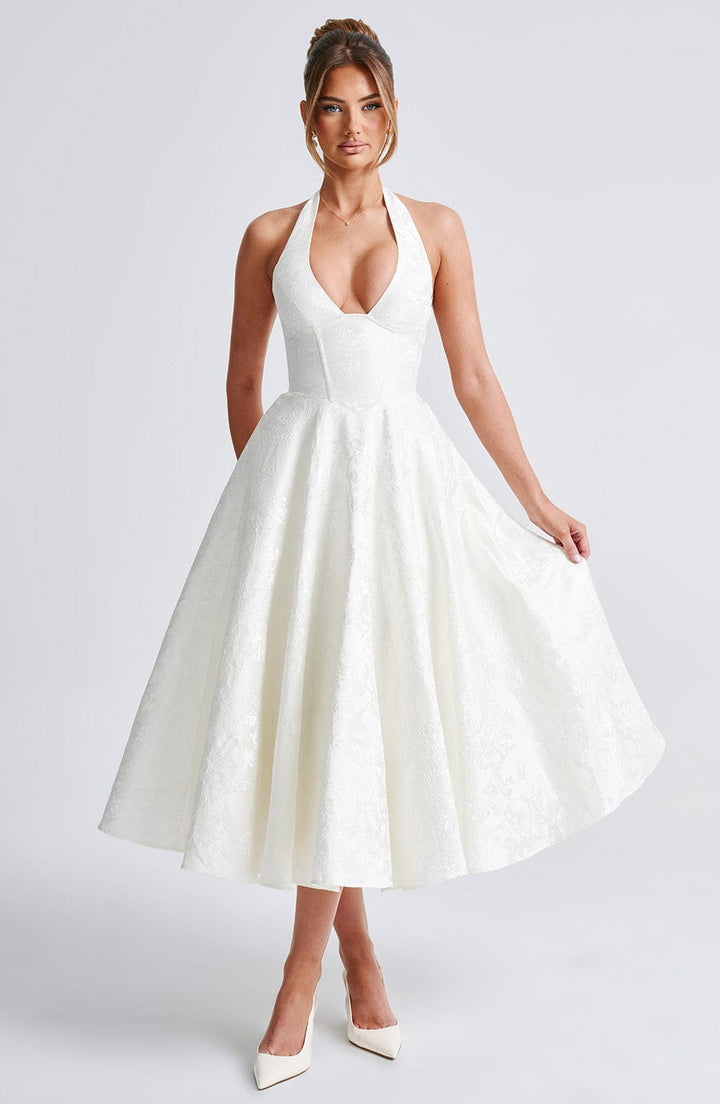 Rosalie | Abito Midi Floreale con Collo Halter e Corsetto