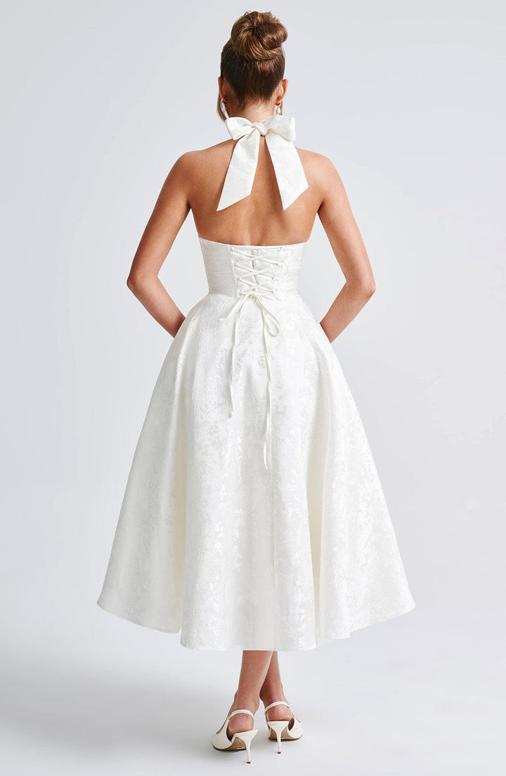 Rosalie | Abito Midi Floreale con Collo Halter e Corsetto