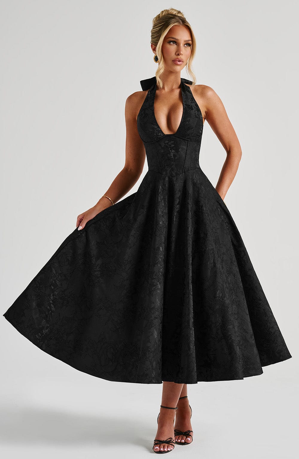 Rosalie | Abito Midi Floreale con Collo Halter e Corsetto