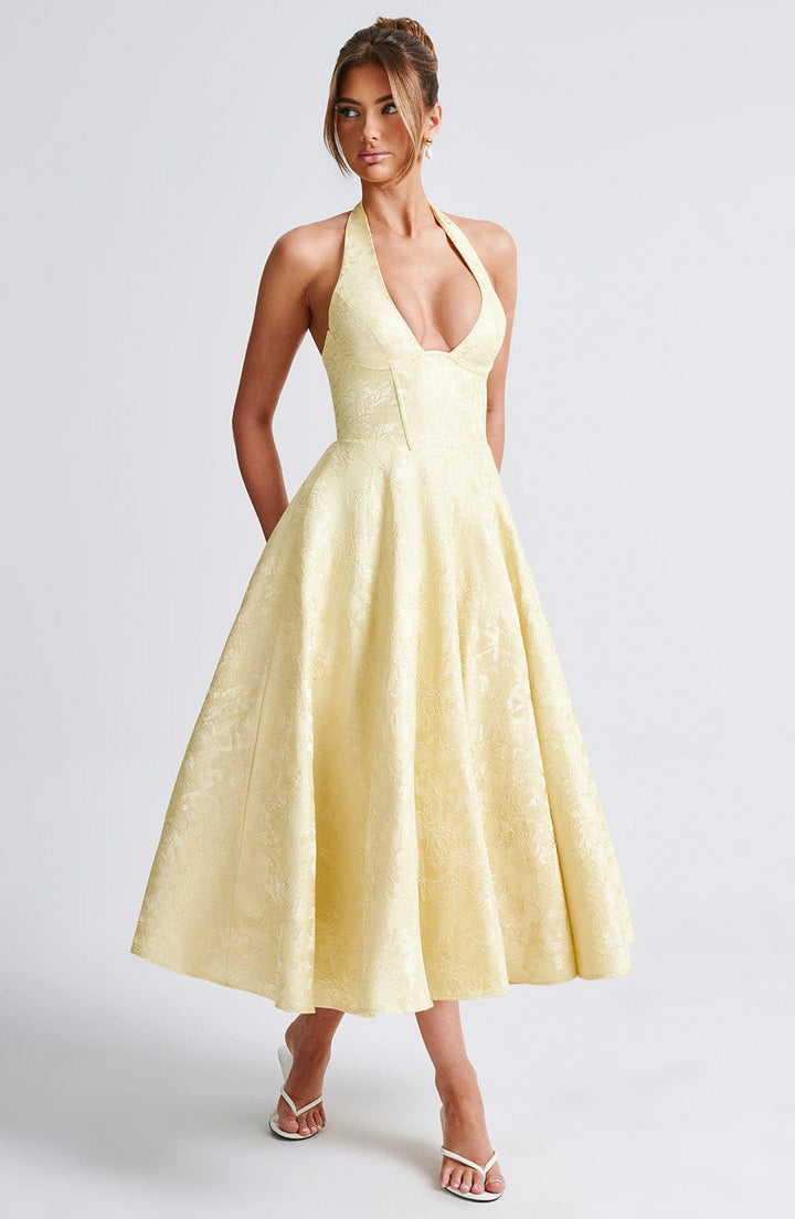 Rosalie | Abito Midi Floreale con Collo Halter e Corsetto