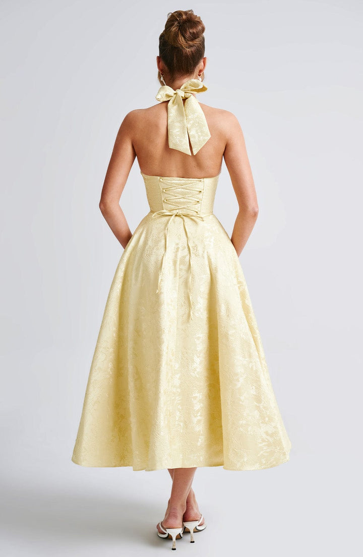 Rosalie | Abito Midi Floreale con Collo Halter e Corsetto