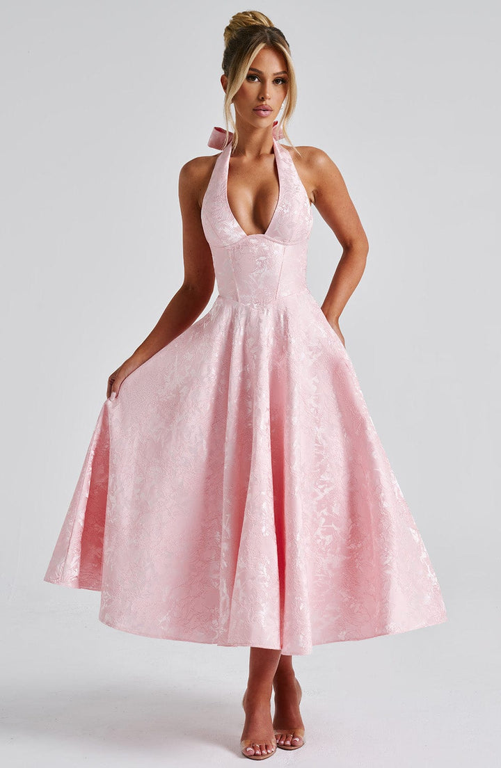 Rosalie | Abito Midi Floreale con Collo Halter e Corsetto