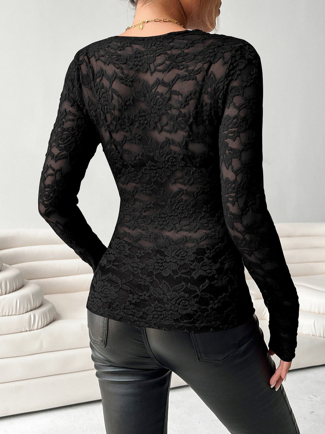 Brooke | Sheer Pizzo Scollo a V Manica Lunga Top