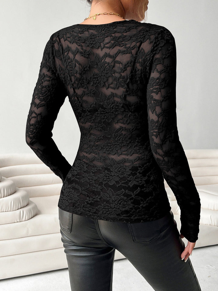 Brooke | Sheer Pizzo Scollo a V Manica Lunga Top
