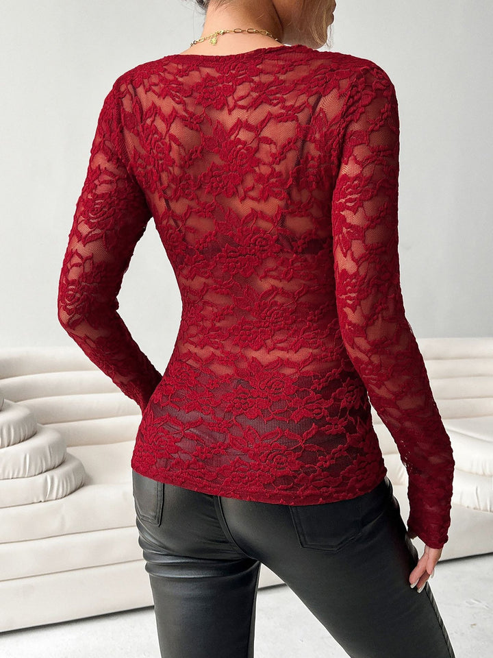 Brooke | Sheer Pizzo Scollo a V Manica Lunga Top