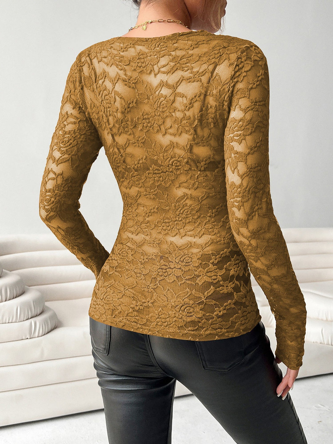 Brooke | Sheer Pizzo Scollo a V Manica Lunga Top